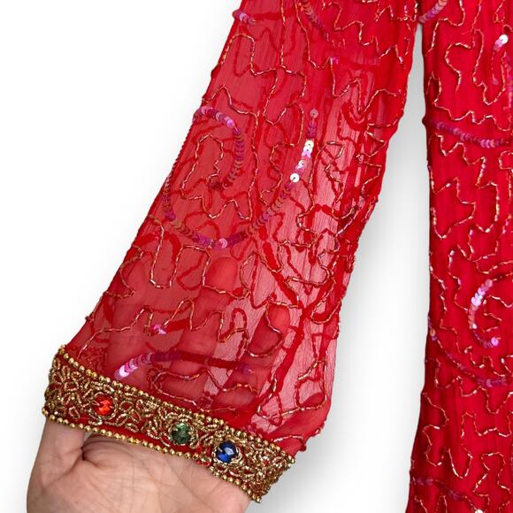 Vintage Gold Star Red 100% Silk Fully Beaded Midi Length Dress Women's Size S - Picture 5 of 15